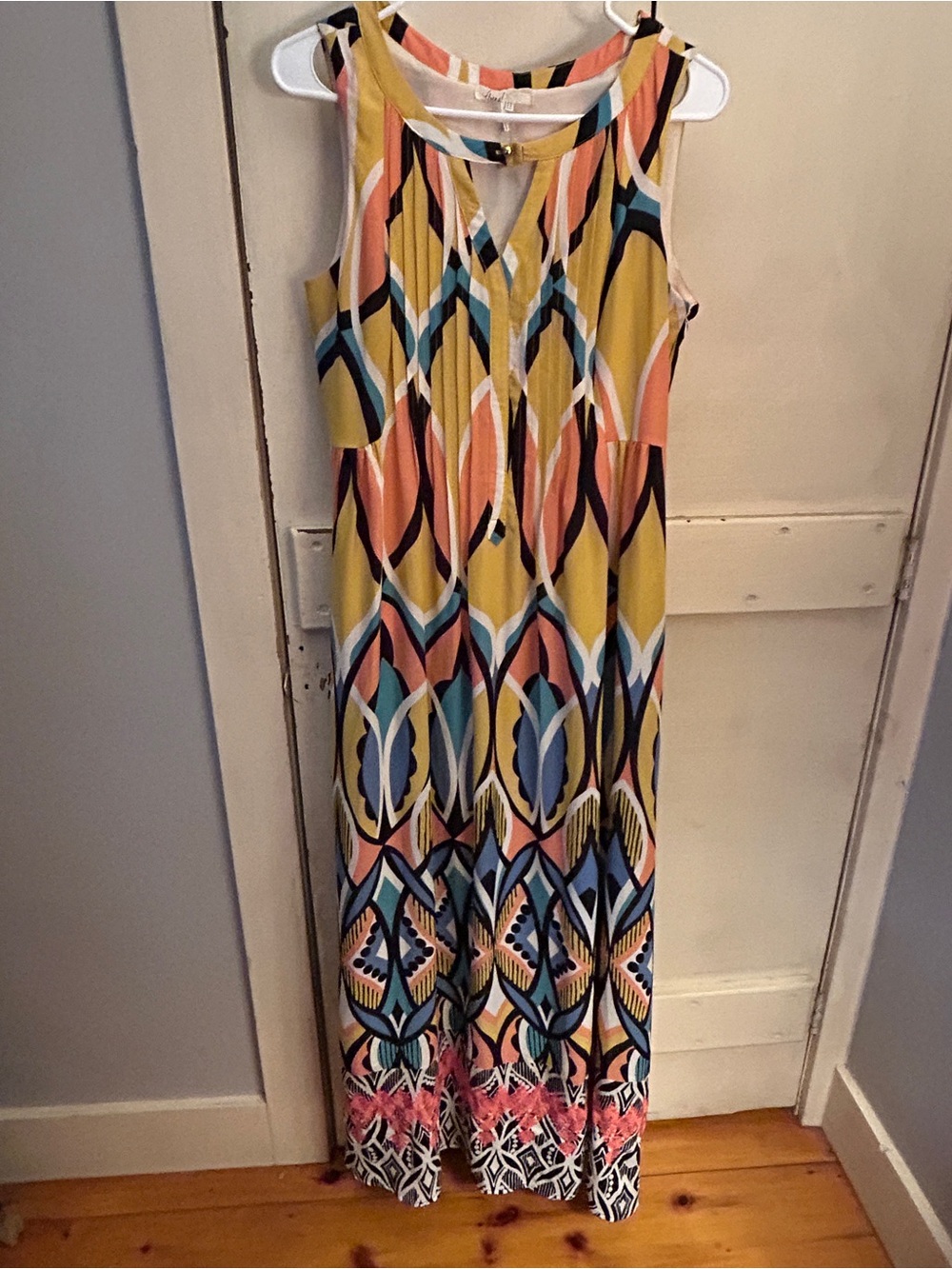 Anthropologie Sleeveless Maxi Dress in Yellow, Pink and Blue Geometric Print